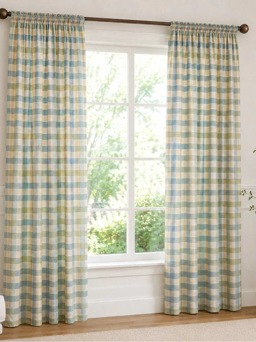 Pair Country Curtains Moire Plaid Curtains 50x82 Blue Green Cottage Farmhouse